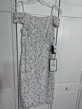 Adrianna Papell White Sequin Off-Shoulder Midi Dress